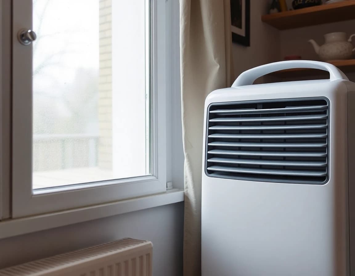 Déshumidificateur placé près d’une fenêtre avec condensation