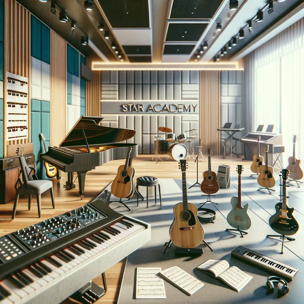 Vue artistique de la salle de musique de la Star Academy, avec un grand piano, plusieurs guitares, un synthétiseur, et des partitions éparpillées.