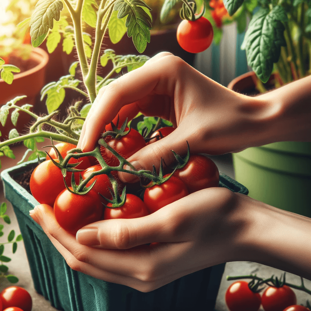 Récolte de tomates cerises mûres dans un petit jardin.