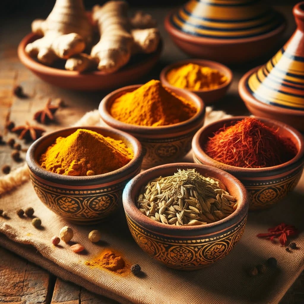 Épices marocaines pour tajine comme le curcuma, gingembre, safran et cumin en gros plan