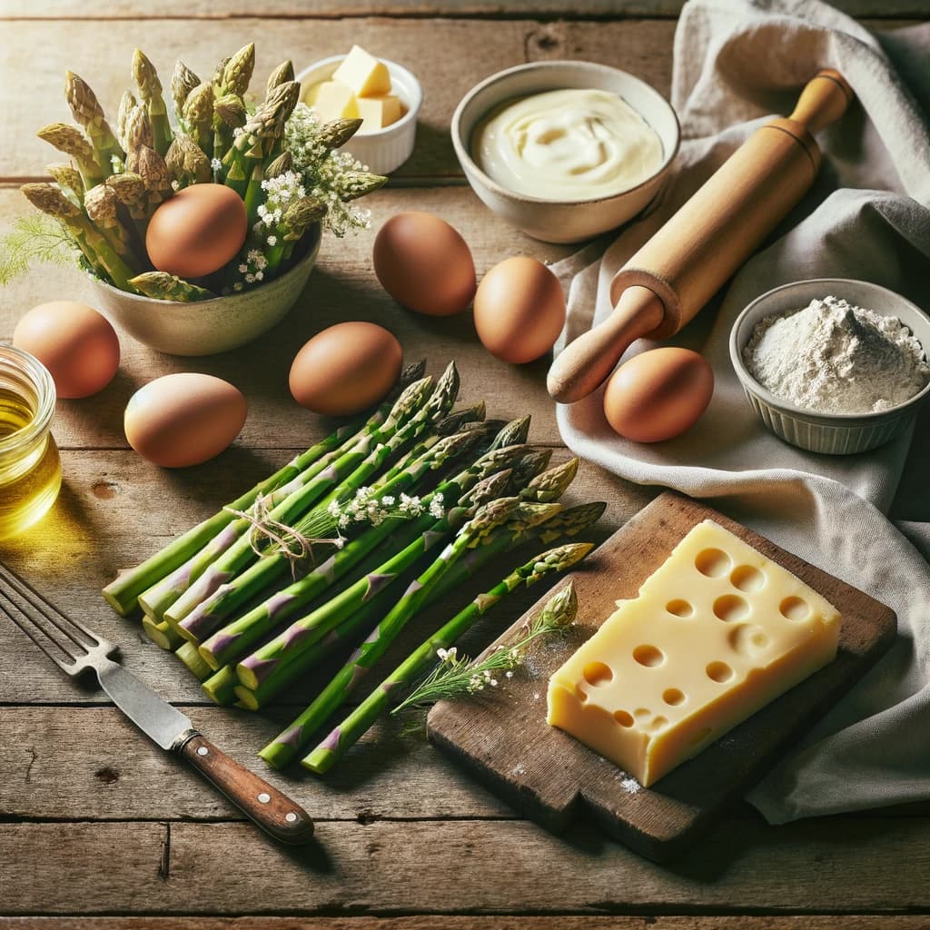 Un bouquet d'asperges fraîches, du fromage Gruyère, des œufs, de la crème fraîche et de la farine disposés sur une table en bois, prêts pour la préparation d'une tarte aux asperges.