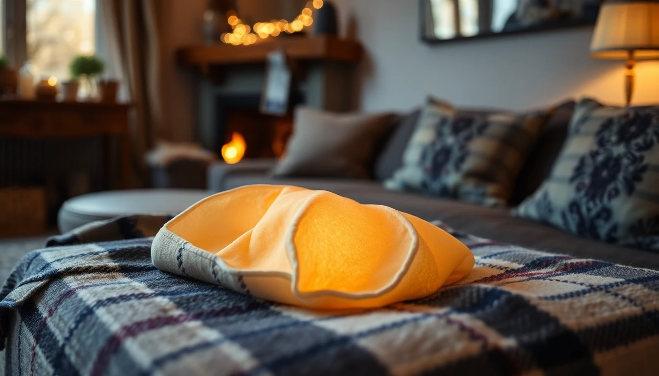 Bouillotte posée sur un plaid en laine dans une chambre chaleureuse en hiver