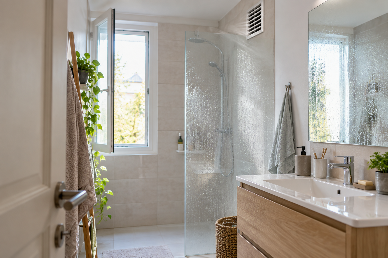 Salle de bain aérée après la douche avec grille de ventilation visible