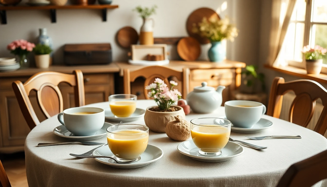 Table de petit déjeuner avec yaourts maison, fruits frais et yaourtière familiale en arrière-plan