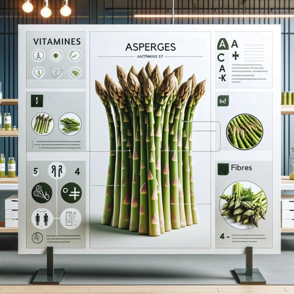 Infographie illustrant les bienfaits nutritionnels des asperges, incluant des icônes pour les vitamines A, C, E, K, folate et fibres, présentée sur un fond professionnel et moderne.