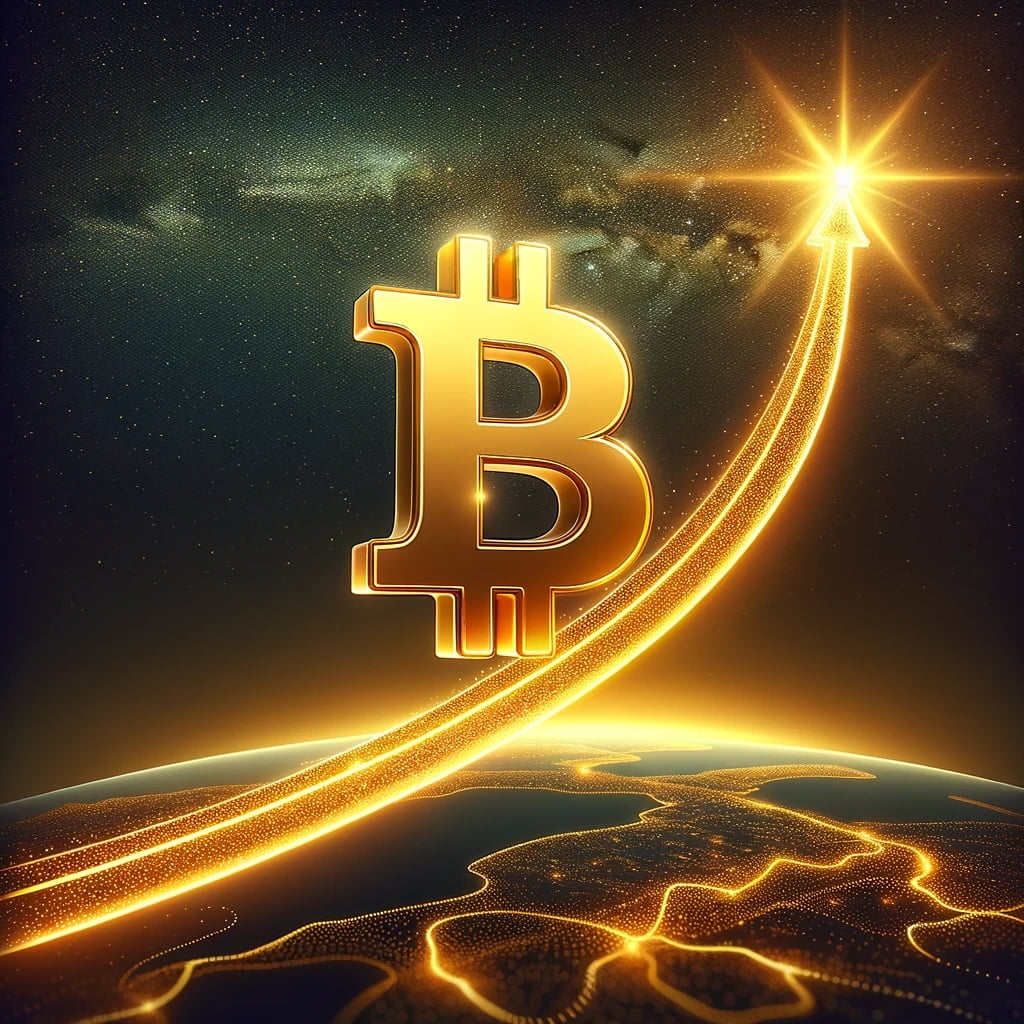 Une illustration du symbole Bitcoin en or montant sur une courbe ascendante contre un ciel nocturne étoilé, symbolisant la hausse de son prix et son avenir prometteur.