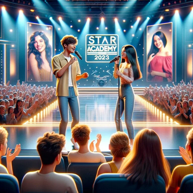 Louis et Margot chantent ensemble sur la scène de la Star Academy 2023 devant un public captivé.