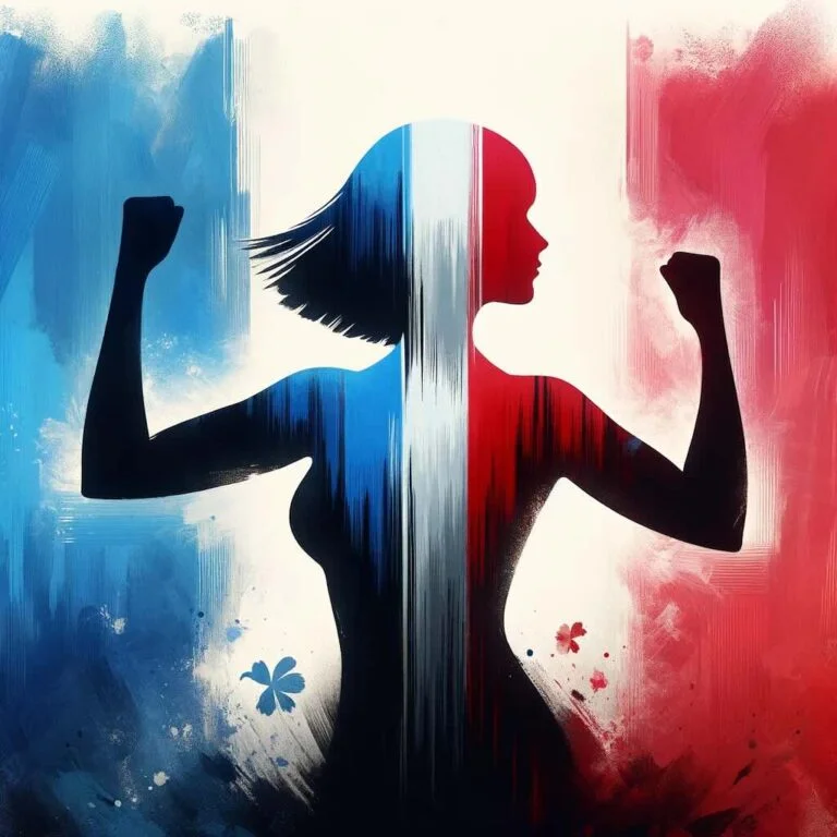 Silhouette de femme symbolisant la résilience sur fond de drapeau français.
