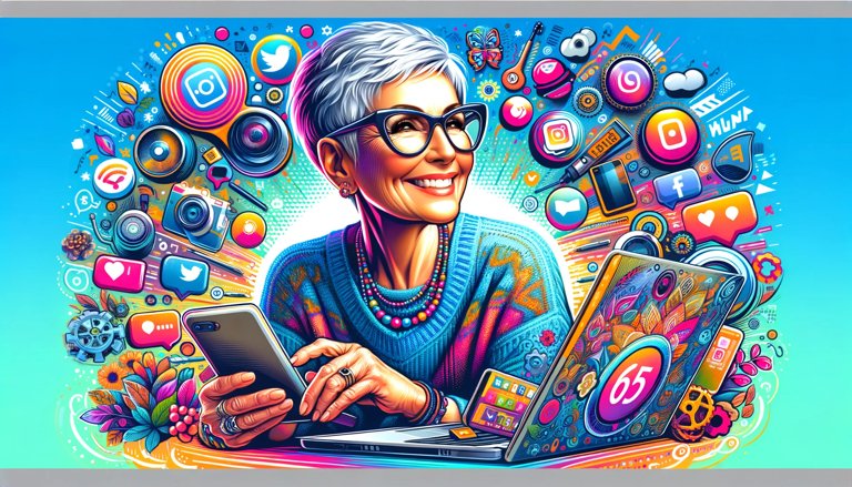 image contact de Mamie de 65 ans avec des lunettes à la mode, tenant un ordinateur et un smartphone, entourée d’icônes numériques