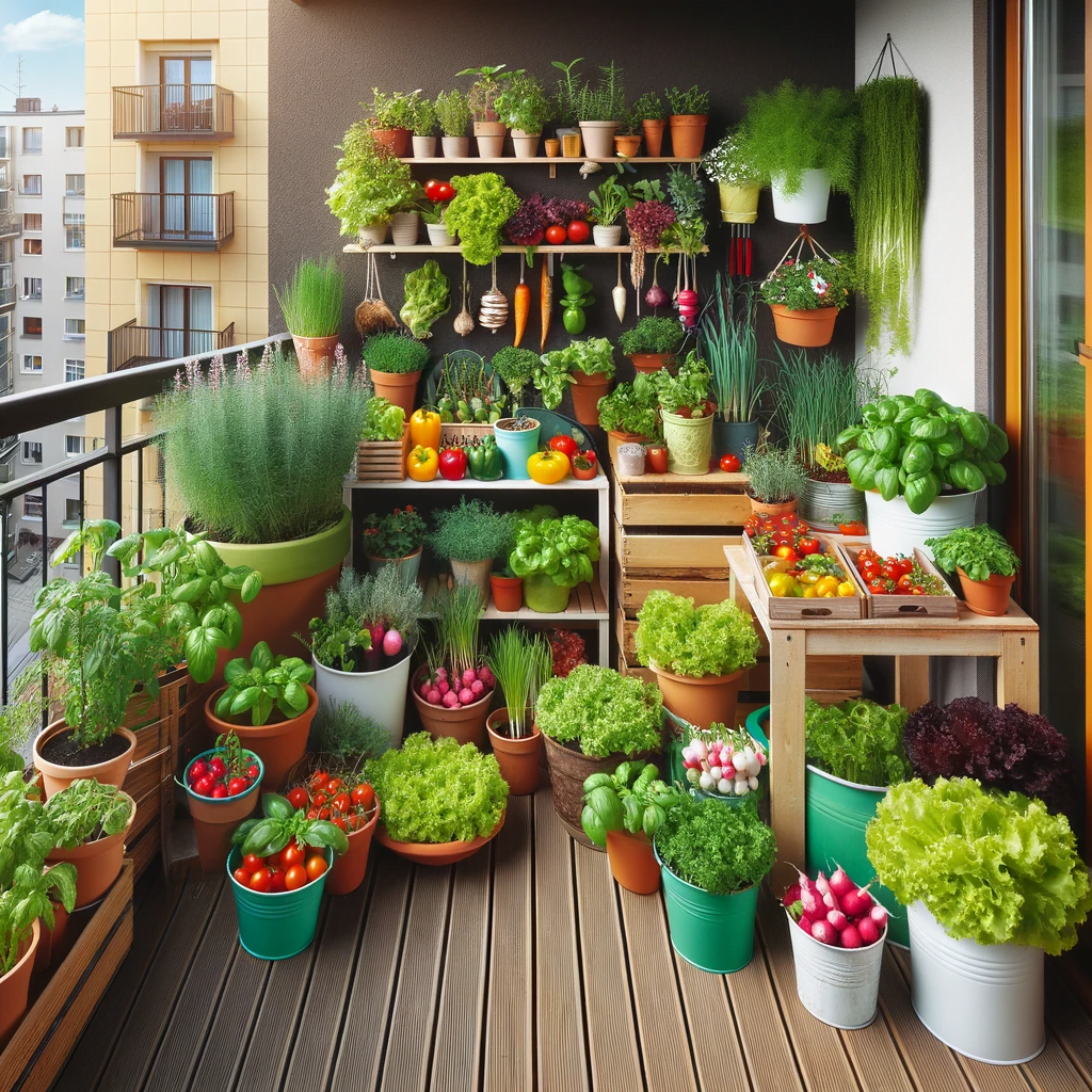 Balcon urbain aménagé en jardin avec divers légumes et herbes en contenants.