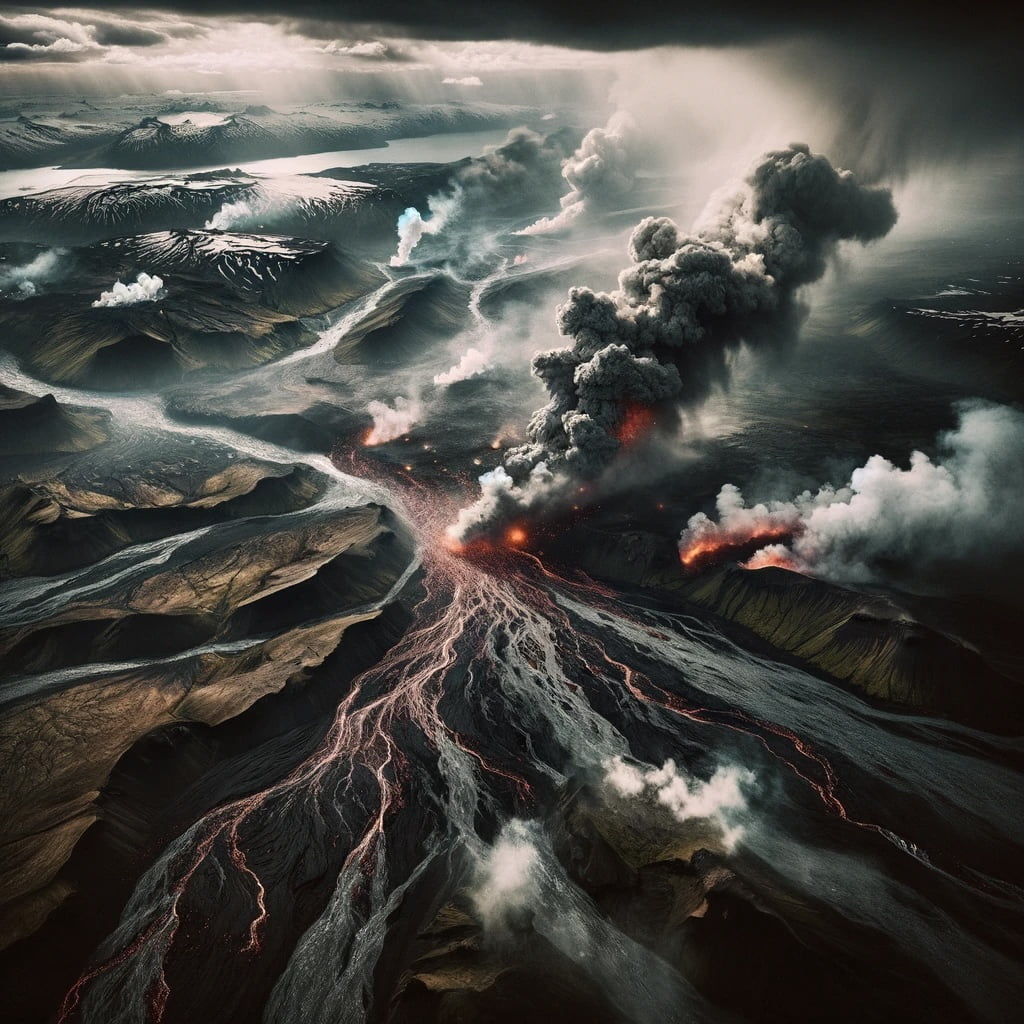 Vue aérienne dramatique de l'Islande avec des signes d'activité volcanique, incluant fumée et coulées de lave.