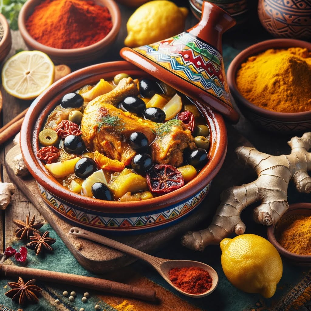 Tajine de poulet marocain aux olives et citron confit dans un plat traditionnel, entouré d'épices