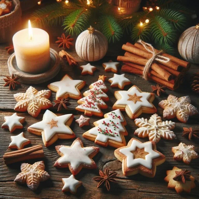 Assortiment de sablés de Noël sur une table rustique avec décorations de fête