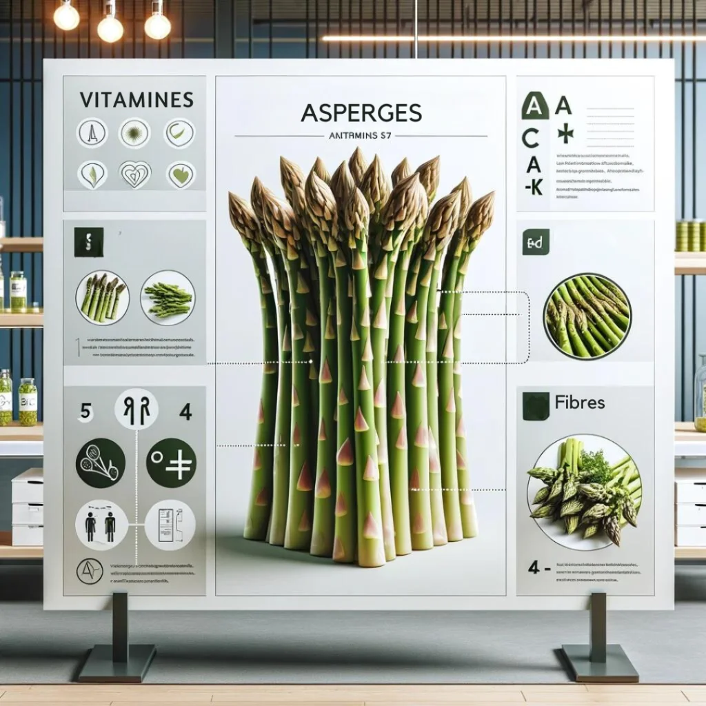 Infographie illustrant les bienfaits nutritionnels des asperges, incluant des icônes pour les vitamines A, C, E, K, folate et fibres, présentée sur un fond professionnel et moderne.